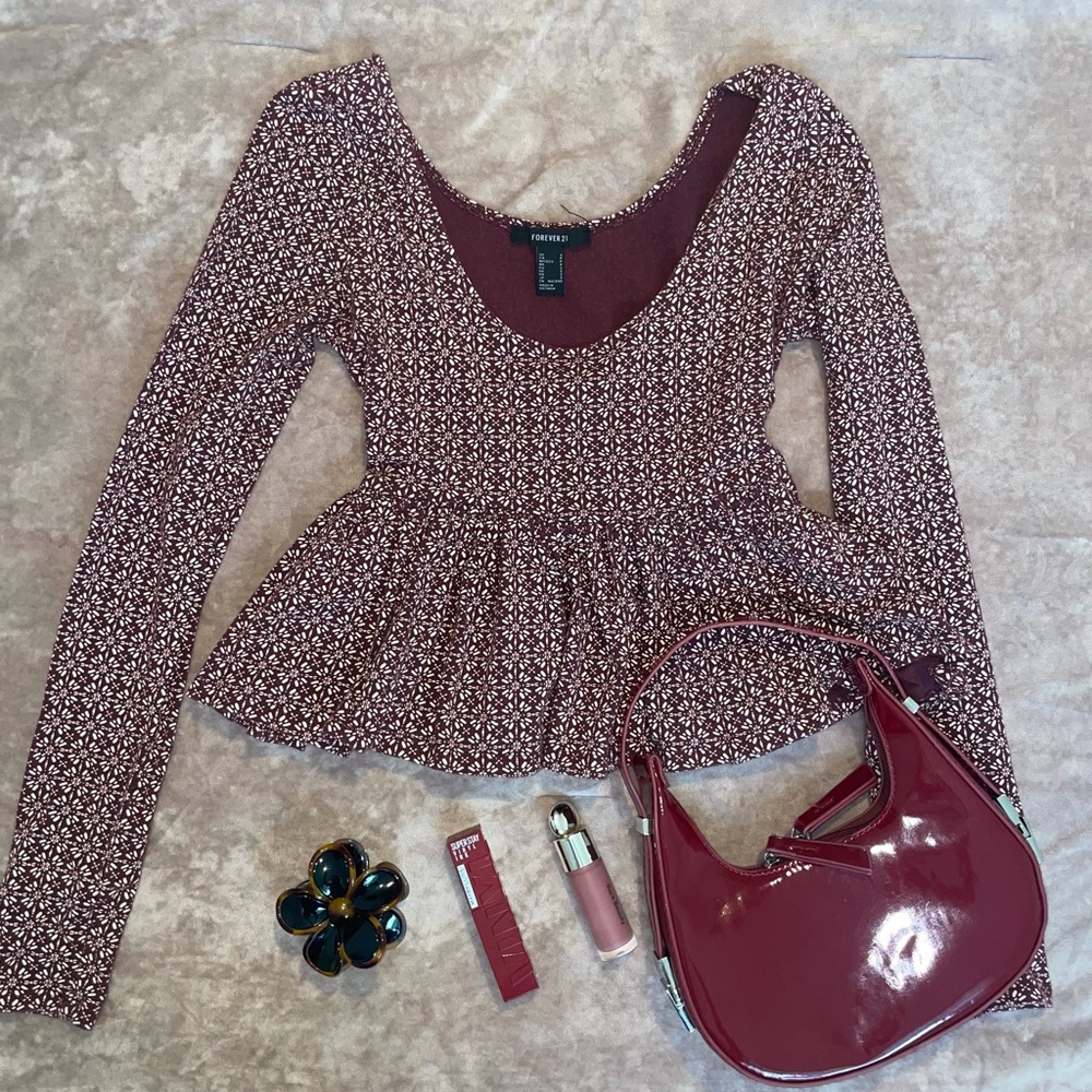 Forever 21 Burgundy Peplum Long Sleeve Blouse
